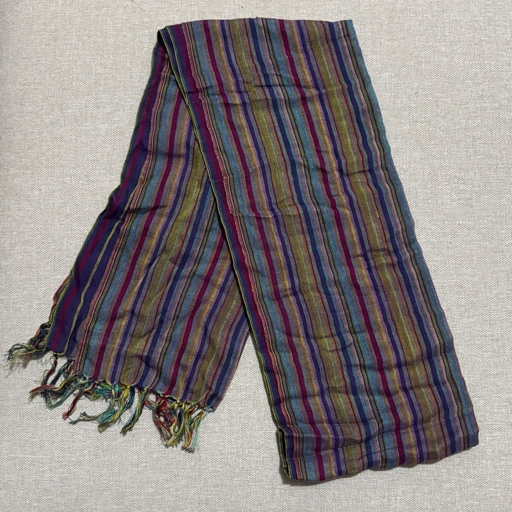 Striped Fringed Scarf-Bright Multi Color-Cotton Poly Blend-EUC - Picture 5 of 11